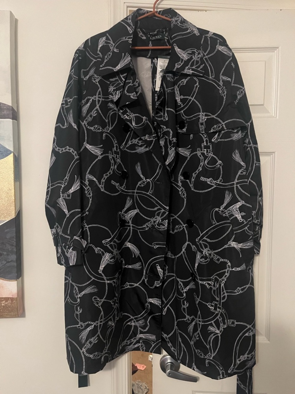 Lauren Ralph Lauren Black White Chain Tassel Print Trench Raincoat NWT